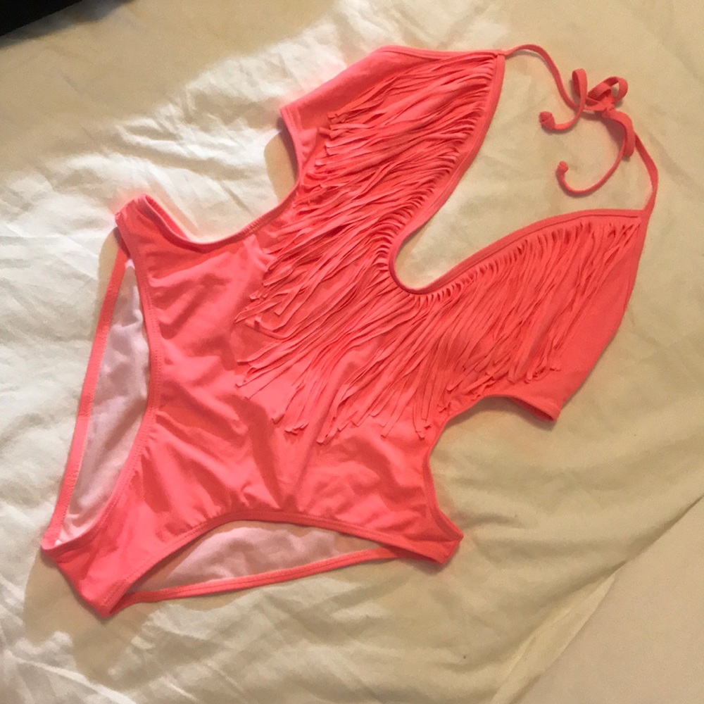 Boohoo neon peach cutout bathing suit one piece